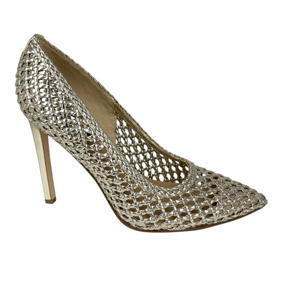 Nine West Women's Tatiana Woven Stiletto Pointy Toe Dress Pumps Gold Size 7.5M - Picture 1 of 11